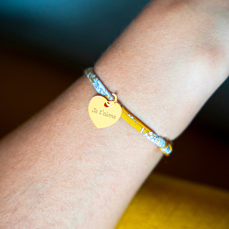 Bracelet cœur 15mm plaqué or avec lien Liberty Clivia, personnalisable.