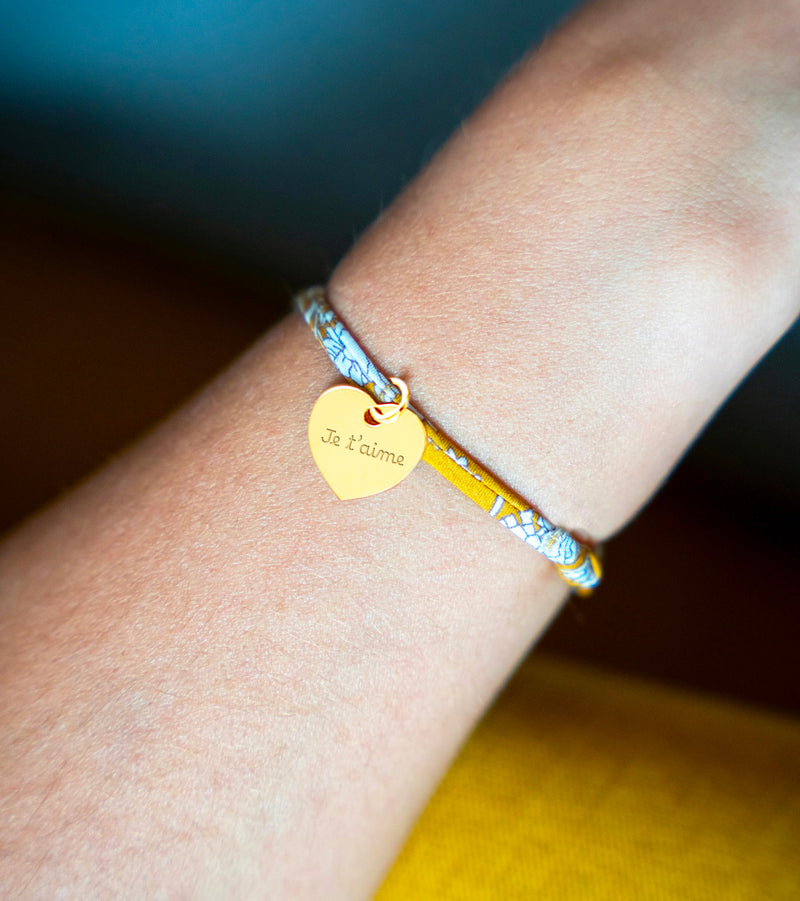 Bracelet cœur 15mm plaqué or avec lien Liberty Clivia, personnalisable.