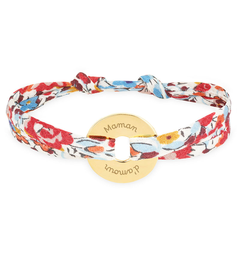 Avec le liberty Pavot comme lien, ce bracelet personnalisé en forme de cible est plaqué or 15mm.
