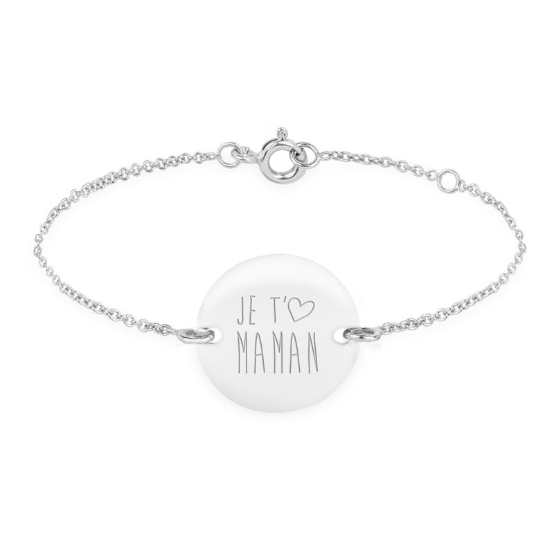 Un bracelet argenté avec une chaîne à maille fine a deux trous ainsi qu'une médaille de 15mm personnalisée.