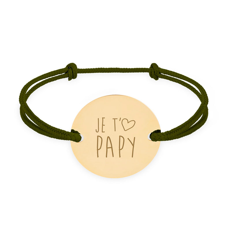 Bracelet médaille personnalisé en 20mm, avec deux trous en plaqué or et un cordon kaki.