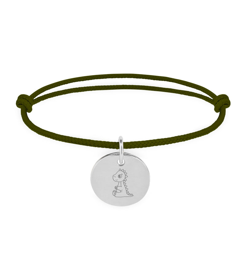 Un bracelet personnalisé en argent avec une médaille de 15mm sur un cordon kaki.