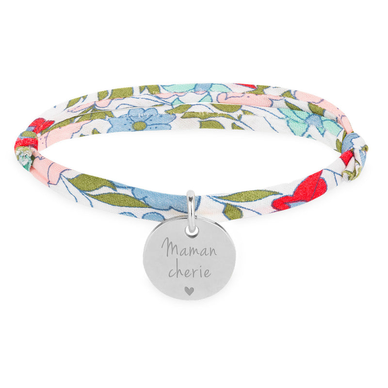Bracelet argenté avec une médaille de 15mm, accentué par un lien Liberty Hortensia.