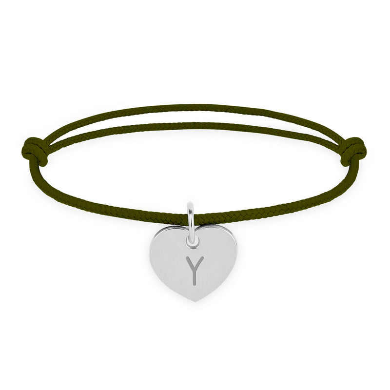 Bracelet argenté, orné d'un cœur de 15mm, avec un cordon kaki.