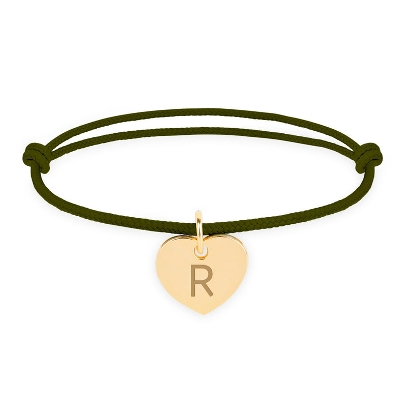Bracelet personnalisé en forme de cœur en 15mm plaqué or, avec un cordon kaki.