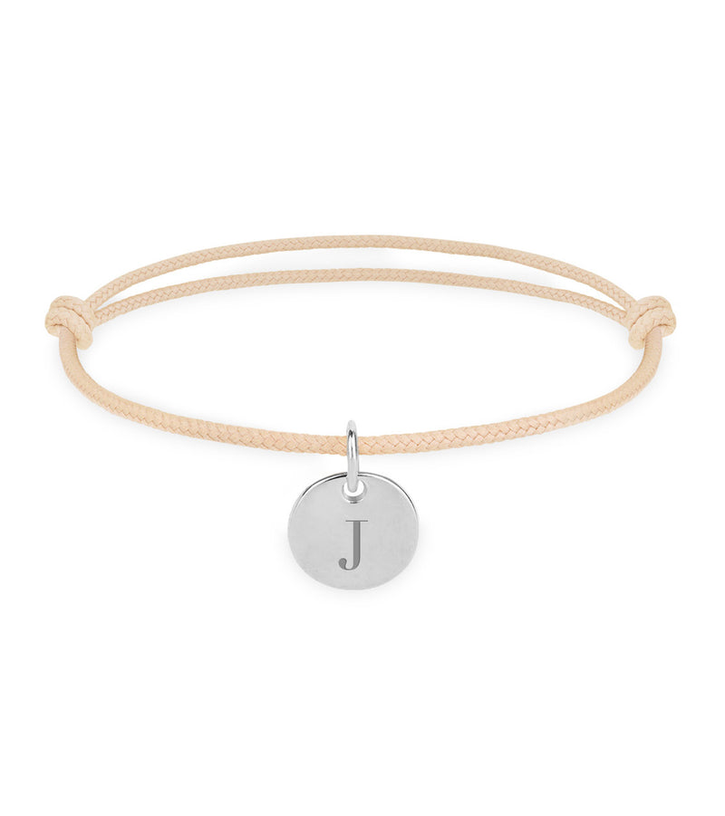 Bracelet argenté avec médaille de 10mm sur cordon beige.