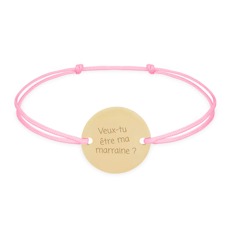 Bracelet personnalisé avec médaille 15mm plaquée or, cordon rose, deux trous