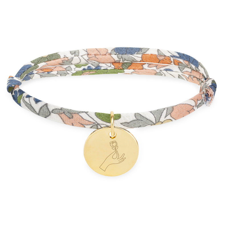 Bracelet personnalisé, médaille de 15mm, plaqué or avec liberty lilas.