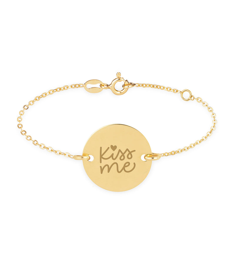 bracelet plaqué or, agrémenté d'une médaille personnalisée de 15mm, comporte deux trous et une chaîne plate assortie.