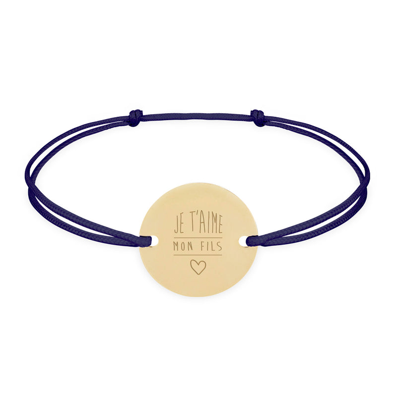 Bracelet personnalisé avec médaille plaquée or de 15mm, 2 trous, cordon bleu marine, élégant et unique.