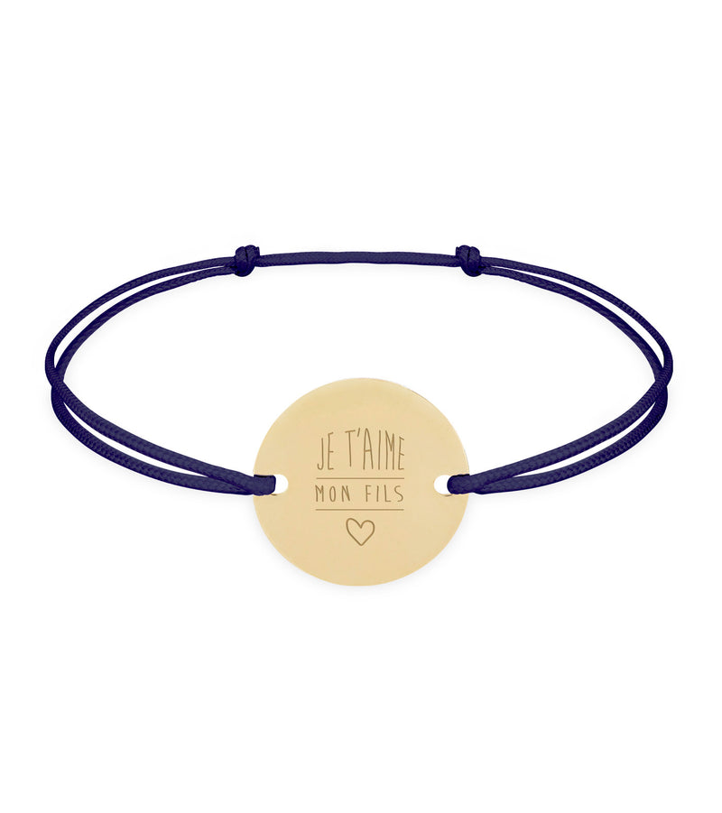 Bracelet personnalisé avec médaille plaquée or de 15mm, 2 trous, cordon bleu marine, élégant et unique.