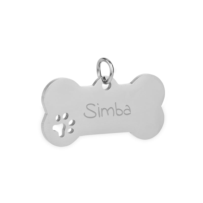 Médaille chat en acier inoxydable argent, personnalisée en forme d'os, et de dimensions 40mm x 20mm.