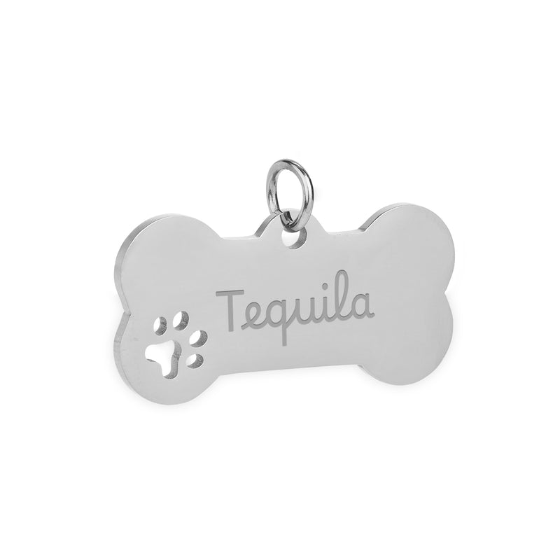 Médaille chien personnalisée, en acier inoxydable argent, en forme d'os et qui mesure 40mm x 20mm.