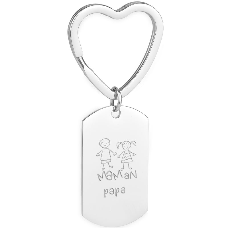 Porte-clé en acier inoxydable, personnalisé avec un rectangle 39mm x 22mm, orné d'un anneau cœur 31mm.