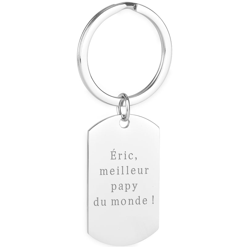 Porte-clé en acier inoxydable, avec un anneau rond de 30mm, personnalisé au format rectangle 39mm x 22mm.