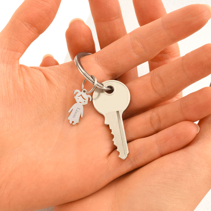 Porte clé personnalisé en forme de fille 50mm x 22mm avec anneau rond en acier inoxydable