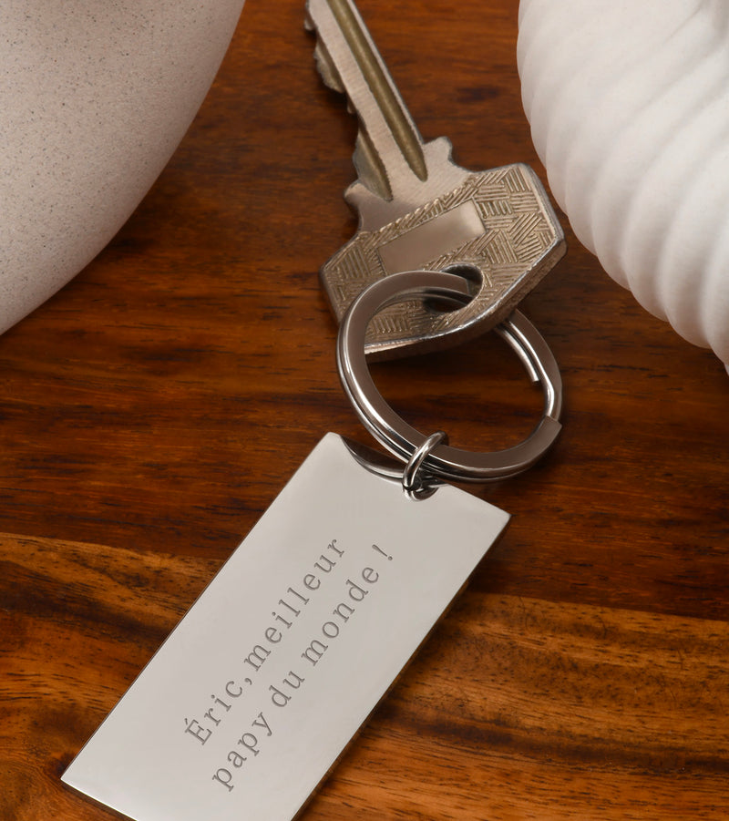 Porte clé personnalisé avec plaque de 50mm x 22mm en acier inoxydable et anneau rond