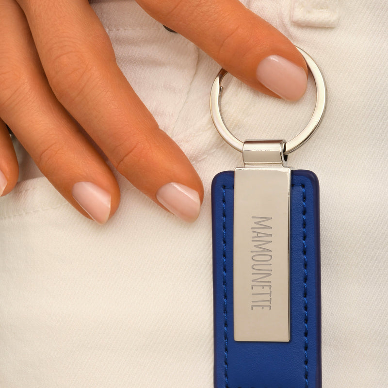 Porte clé en cuir PU bleu personnalisé avec acier inoxydable, rectangle de 63mm x 30mm et anneau rond