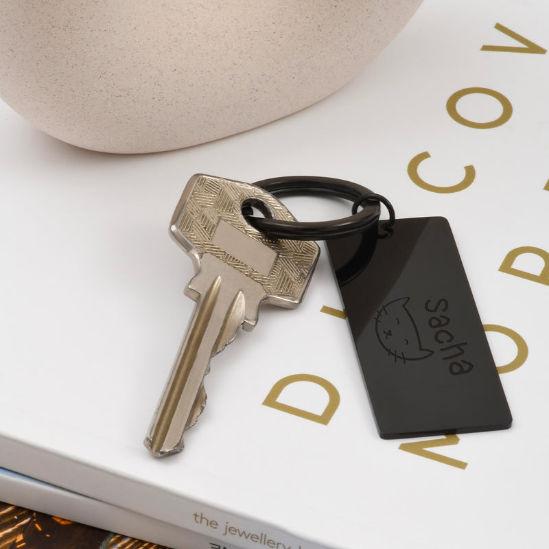 Porte clé personnalisé en acier inoxydable noir en forme de plaque 50mm x 22mm avec anneau rond