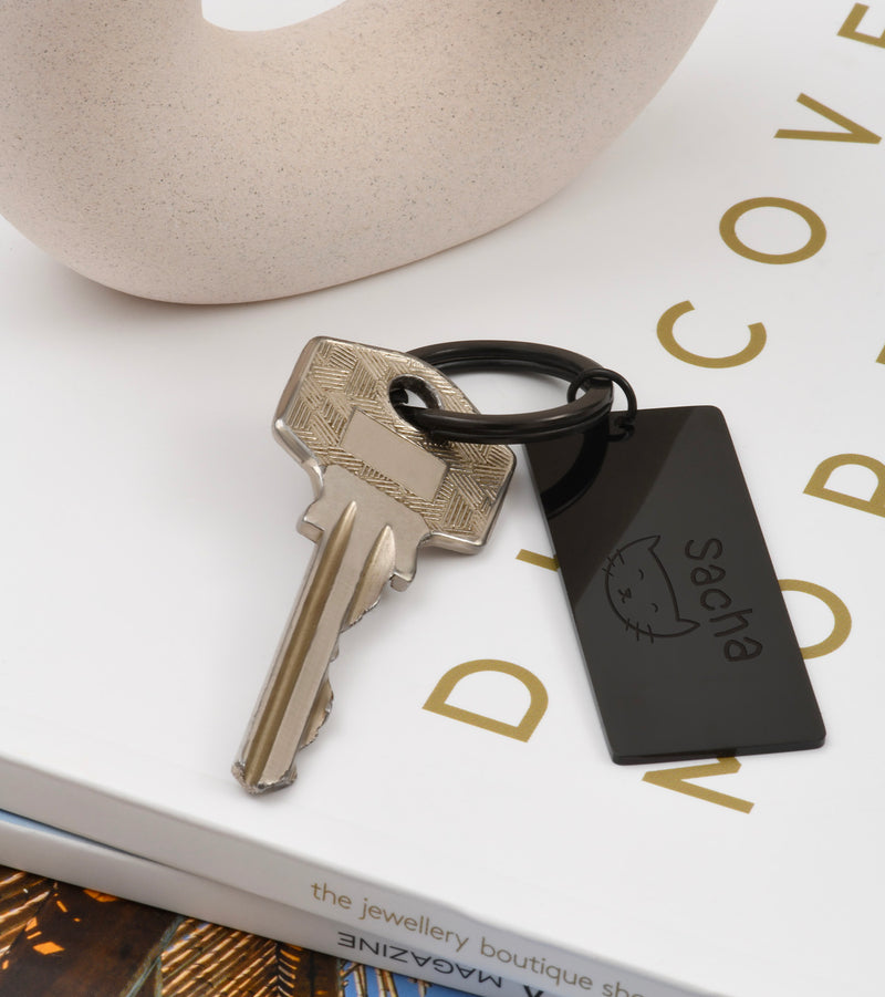 Porte clé personnalisé en acier inoxydable noir en forme de plaque 50mm x 22mm avec anneau rond