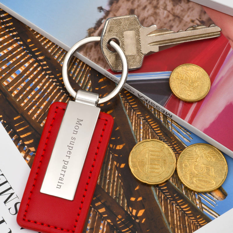 Porte clé Personnalisé - Rectangle 63mm x 30mm - Acier Inoxydable Cuir PU Rouge - Anneau Rond