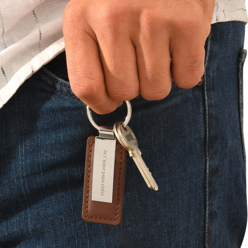 Porte clé personnalisé en acier inoxydable de 63mm x 30mm avec cuir PU marron foncé et un anneau rond