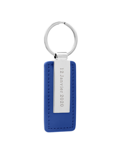Porte clé personnalisé en rectangle de 63mm x 30mm avec cuir PU bleu, acier inoxydable et anneau rond