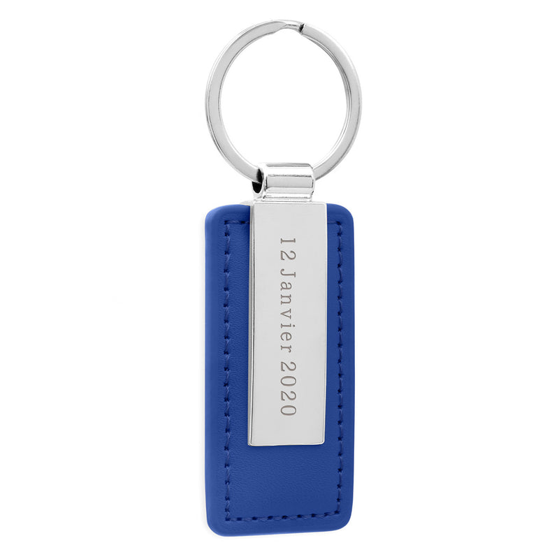 Porte clé personnalisé en rectangle de 63mm x 30mm avec cuir PU bleu, acier inoxydable et anneau rond
