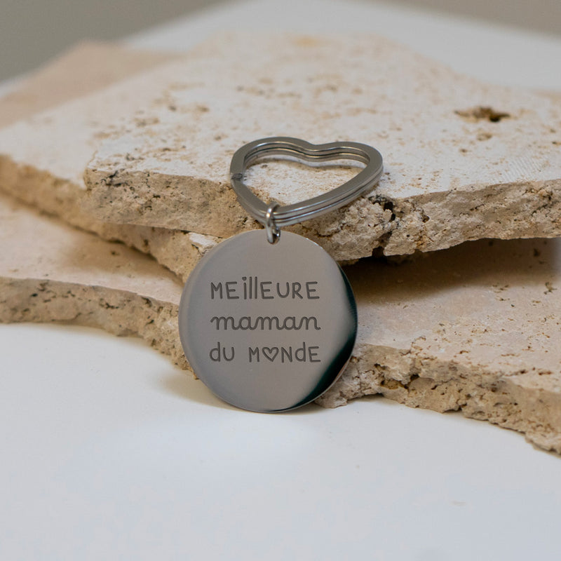 Porte-clé personnalisé rond, fabriqué en acier inoxydable 35mm, avec un anneau cœur de 31mm.