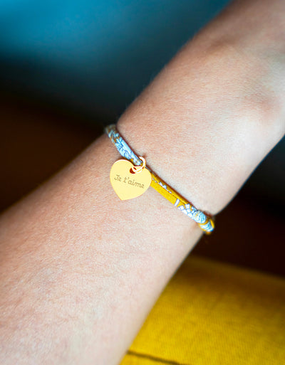 Bracelet cœur 15mm plaqué or avec lien Liberty Clivia, personnalisable.