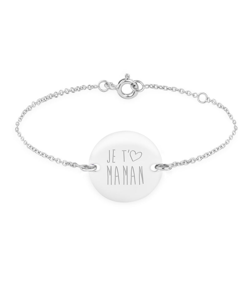 Un bracelet argenté avec une chaîne à maille fine a deux trous ainsi qu'une médaille de 15mm personnalisée. 