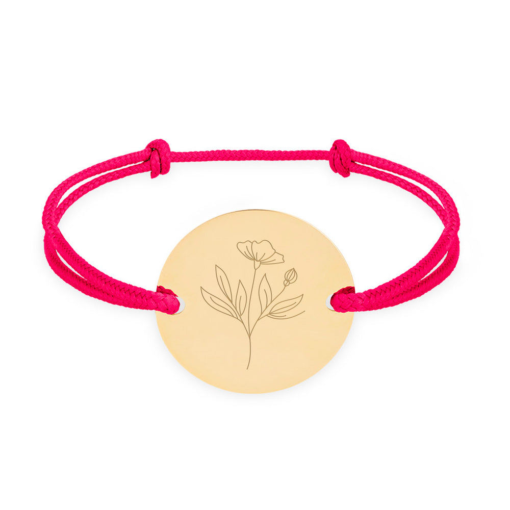 Bracelet médaille personnalisé en 20mm avec deux trous en plaqué or et cordon rose fuchsia.