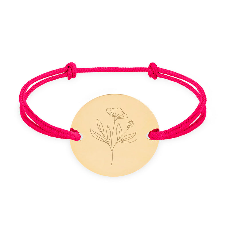 Bracelet médaille personnalisé en 20mm avec deux trous en plaqué or et cordon rose fuchsia.
