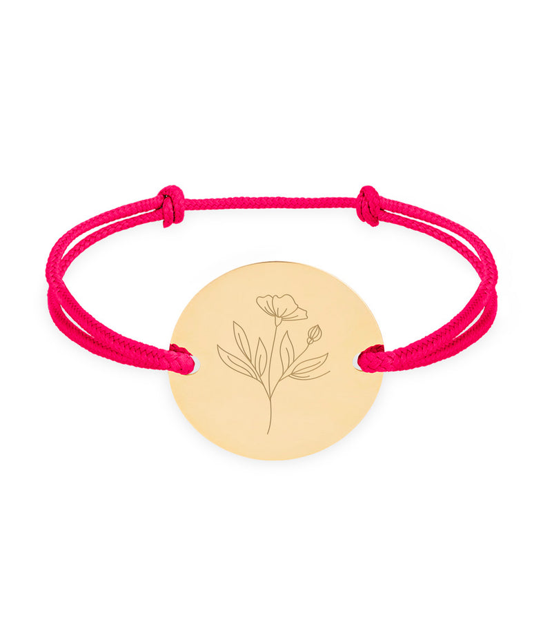 Bracelet médaille personnalisé en 20mm avec deux trous en plaqué or et cordon rose fuchsia.