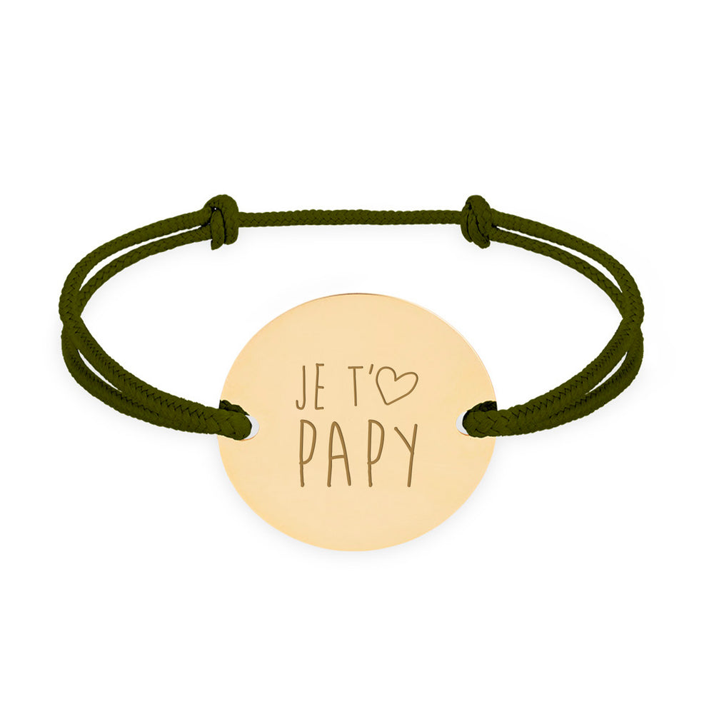 Bracelet médaille personnalisé en 20mm, avec deux trous en plaqué or et un cordon kaki.