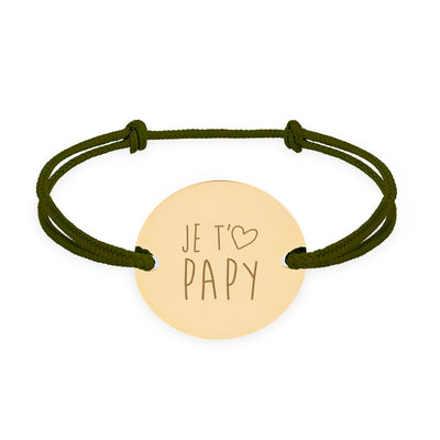 Bracelet médaille personnalisé en 20mm, avec deux trous en plaqué or et un cordon kaki.