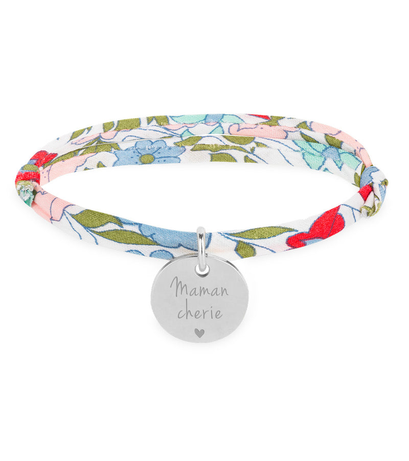 Bracelet argenté avec une médaille de 15mm, accentué par un lien Liberty Hortensia.