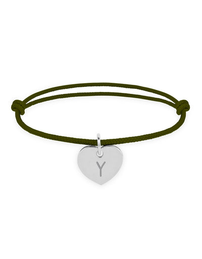 Bracelet argenté, orné d'un cœur de 15mm, avec un cordon kaki.