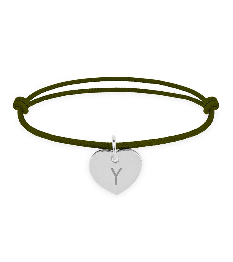Bracelet argenté, orné d'un cœur de 15mm, avec un cordon kaki.