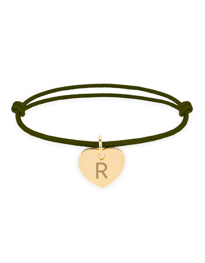 Bracelet personnalisé en forme de cœur en 15mm plaqué or, avec un cordon kaki.