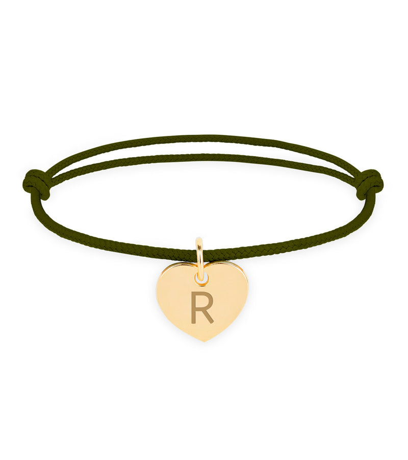 Bracelet personnalisé en forme de cœur en 15mm plaqué or, avec un cordon kaki.