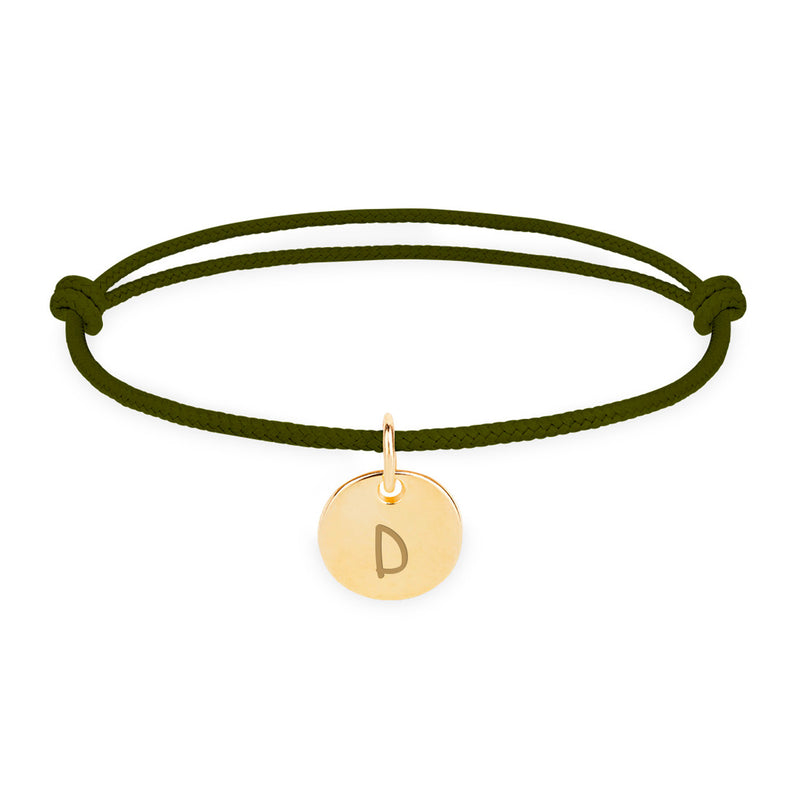 Bracelet kaki, médaille plaquée or de 10mm, gravure de votre choix pour une touche personnelle.