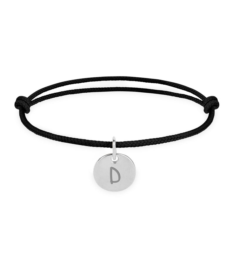 Élégant bracelet personnalisé avec une médaille argentée de 10mm et un cordon noir.