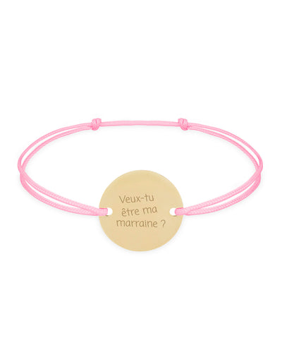 Bracelet personnalisé avec médaille 15mm plaquée or, cordon rose, deux trous