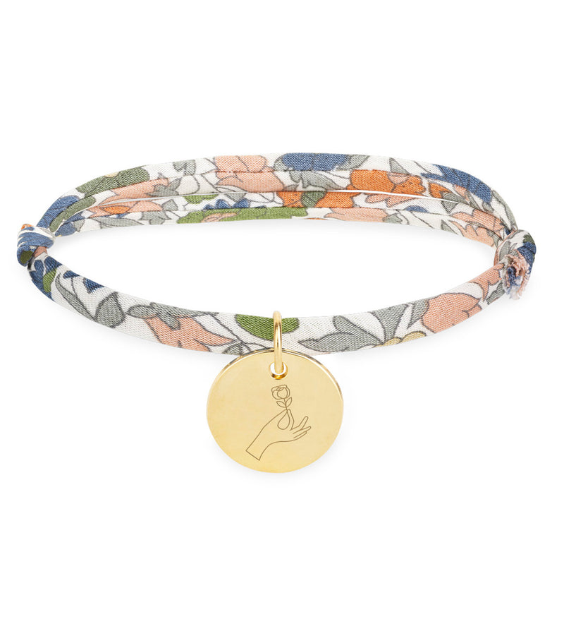 Bracelet personnalisé, médaille de 15mm, plaqué or avec liberty lilas.