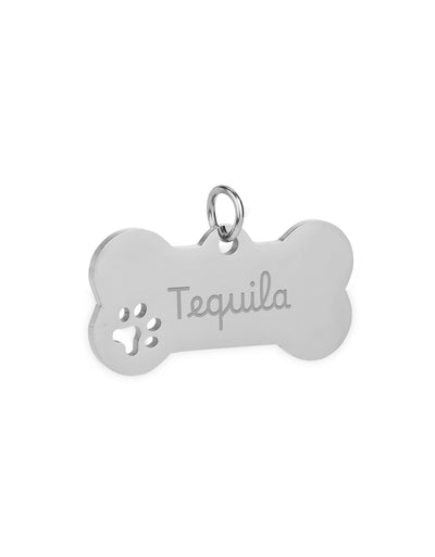 Médaille chien personnalisée, en acier inoxydable argent, en forme d'os et qui mesure 40mm x 20mm.