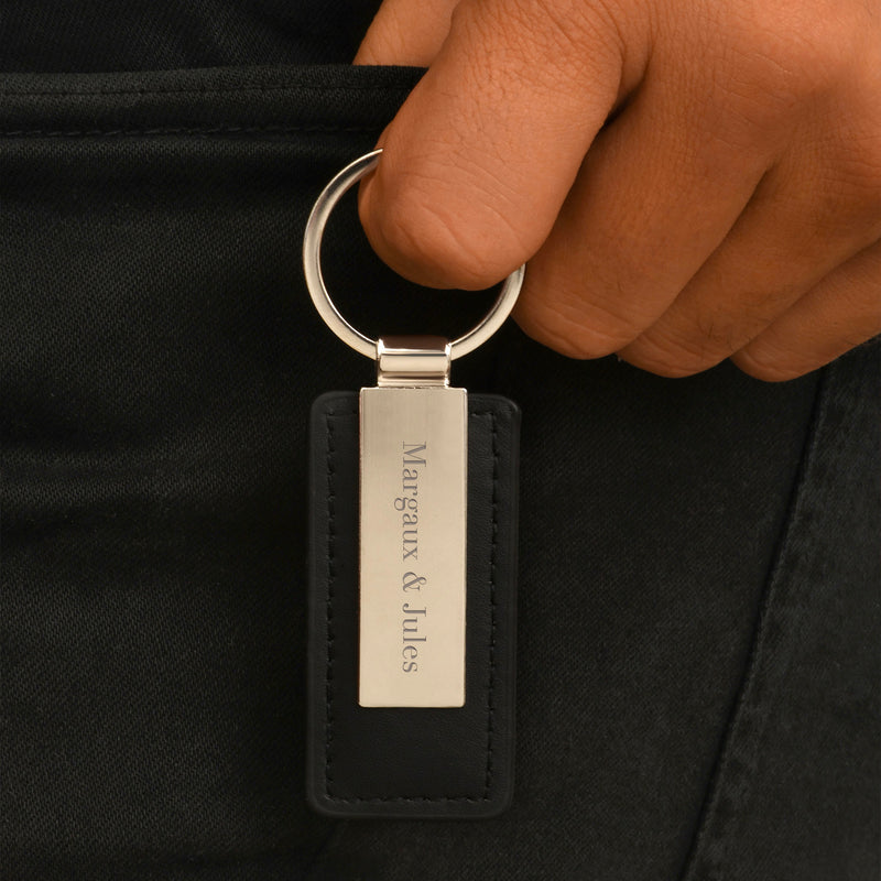 Porte clé 63mm x 30mm personnalisé cuir PU noir acier inoxydable avec anneau rond