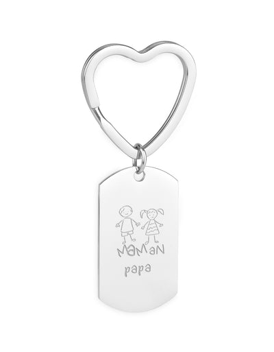Porte-clé en acier inoxydable, personnalisé avec un rectangle 39mm x 22mm, orné d'un anneau cœur 31mm.
