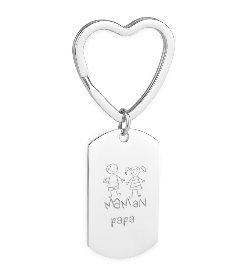 Porte-clé en acier inoxydable, personnalisé avec un rectangle 39mm x 22mm, orné d'un anneau cœur 31mm.
