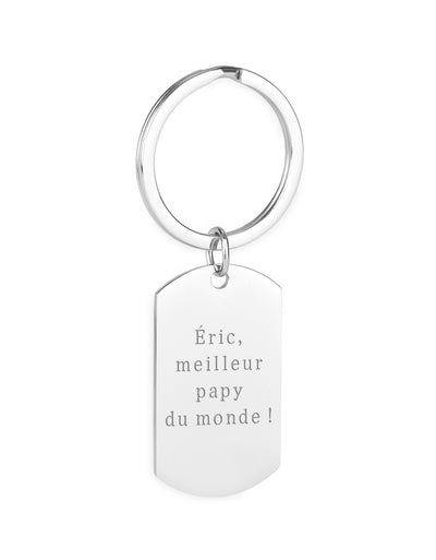 Porte-clé en acier inoxydable, avec un anneau rond de 30mm, personnalisé au format rectangle 39mm x 22mm.